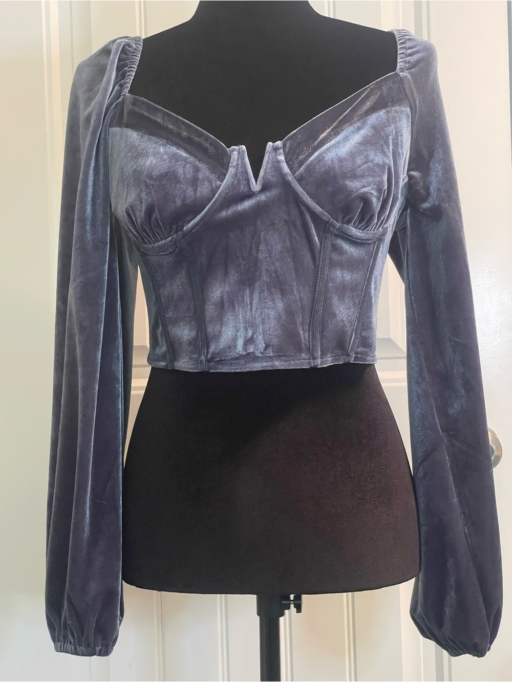 LUSH Slate Blue Velvet Long Sleeve Corset Crop Top EUC Medium